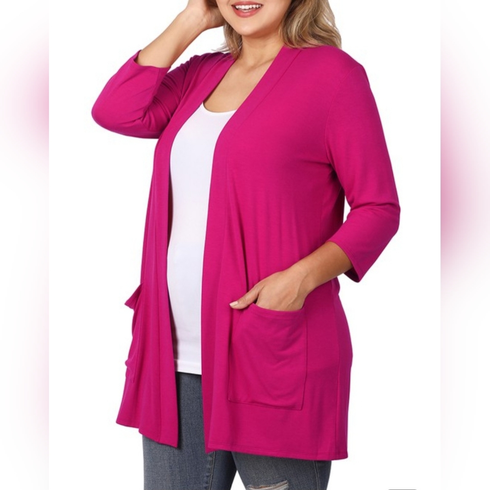 OPEN CARDIGAN W/ SLOUCHY POCKETS - MAGENTA